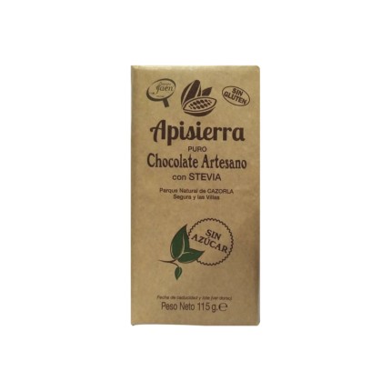 Chocolate puro artesano Sin azúcar con Stevia "Sin Gluten", 115g.